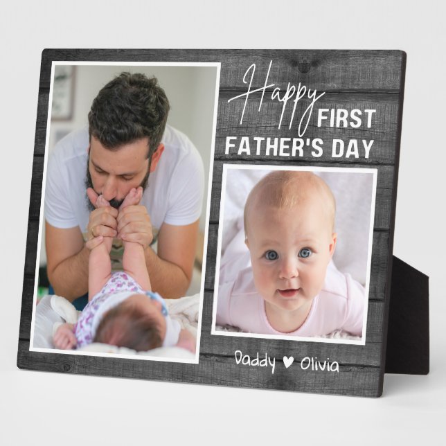 First Father's Day New Dad Black Wood  2 Photo Plaque (Side)