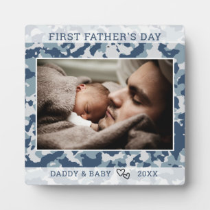 First Father's Day Photo Blue Camo Plaque