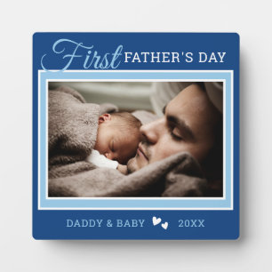 First Father's Day Photo Modern Blue Plaque