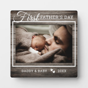 First Father's Day Photo Rustic Dark Wood Plaque