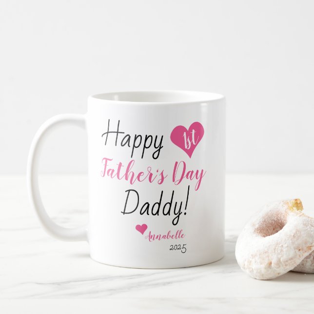 First Father's Day Pink Heart Baby Girl Daughter Coffee Mug (With Donut)