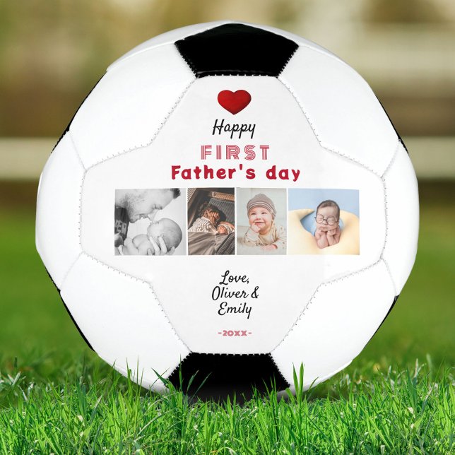 First Father's Day Red Heart 4 Photo Collage  Soccer Ball (Creator Uploaded)