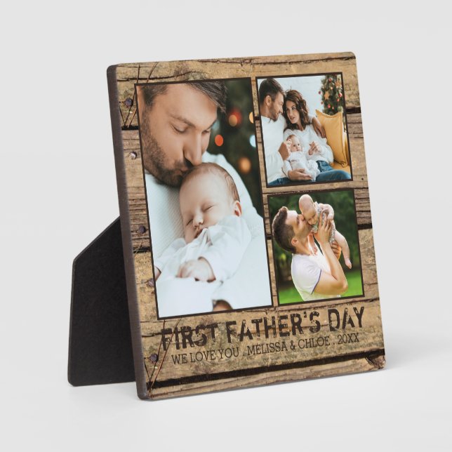 FIRST FATHERS DAY Rustic Wood 3 Photo Collage Plaque (Front)