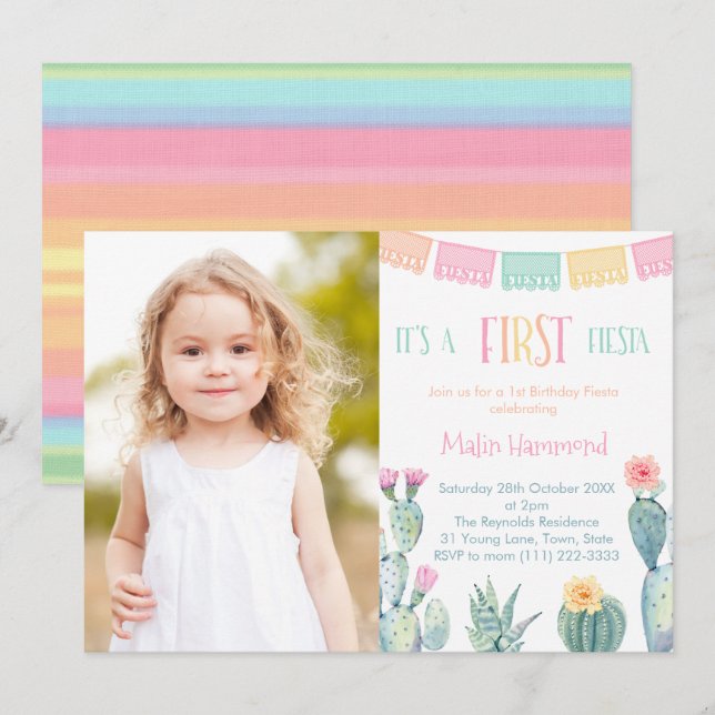 First Fiesta 1st Birthday Party for Girl Photo Invitation (Front/Back)