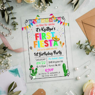 First Fiesta Colourful Mexican 1st Birthday Party Acrylic Invitations