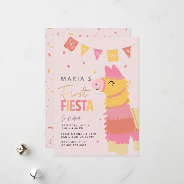 First Fiesta Girl Birthday Invitation • Pink First (Front/Back In Situ)