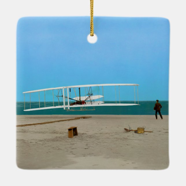 First Flight Wright Brothers Vintage Airplane Ceramic Ornament (Back)