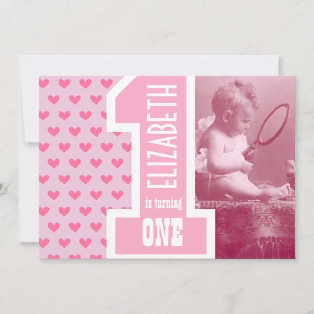First Girl Baby Birthday Add Photo Pink Hearts Invitation (Front)