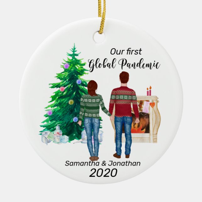 First Global Pandemic 2020  Couple Brown Hair Ceramic Ornament (Front)