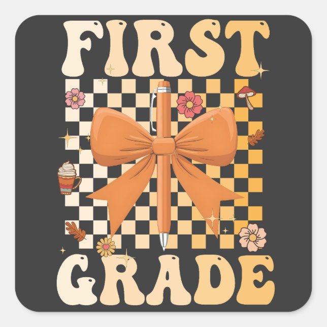 First Grade Back To School Fall Bow Coquette   Square Sticker (Front)