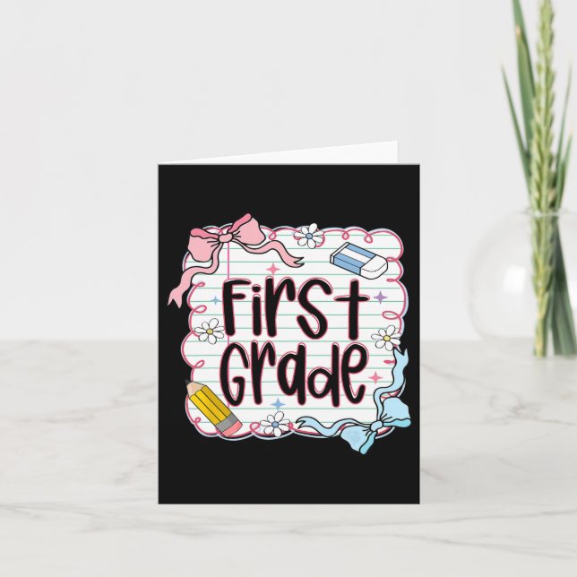 First Grade Back To School For Girls Pink Notebook Card (Front)