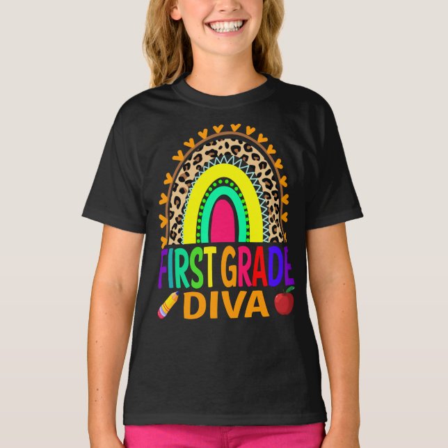 First Grade Diva Rainbow Leopard Back To School  T-Shirt (Front)