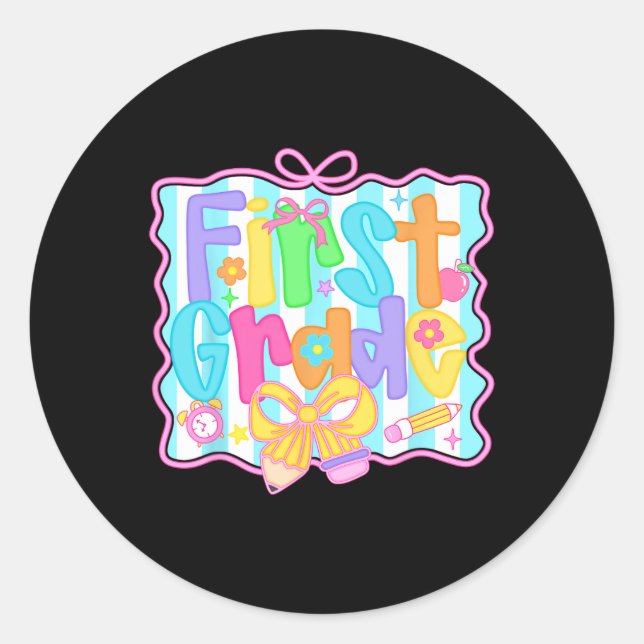 First Grade Girls Back To School Bow Cute Coquette Classic Round Sticker (Front)