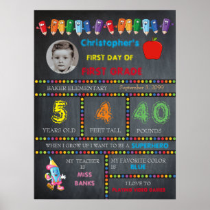 FIRST GRADE Kindergarten boy,chalkboard sign,photo Poster