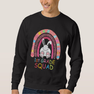 First Grade Rainbow Bunny Boy Girl Teacher Squad E Sweatshirt