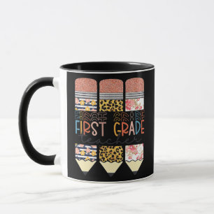 First Grade Teacher Funny Leopard Pencil Back To Mug