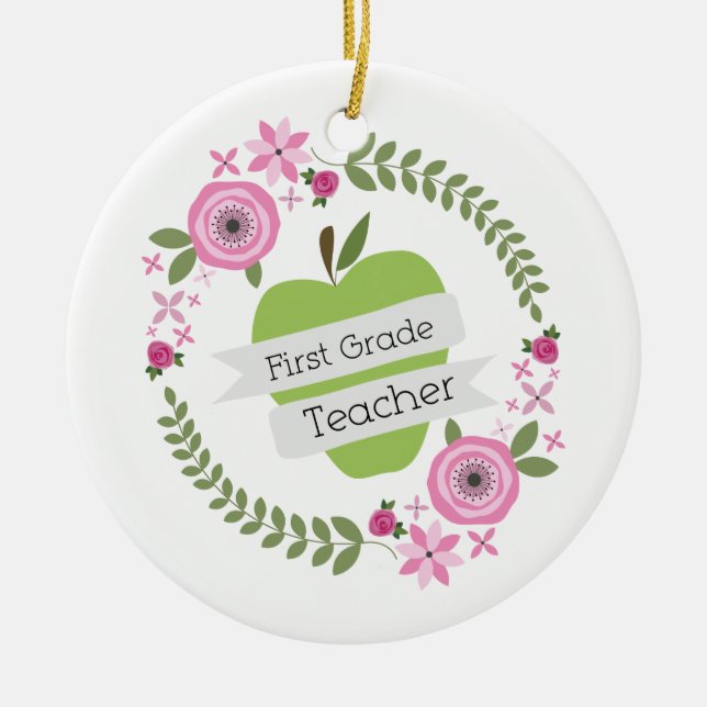 First Grade Teacher Green Apple Floral Wreath Ceramic Ornament (Front)