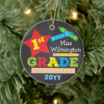 First Grade Teacher Keepsake Chalkboard Colourful Ceramic Ornament<br><div class="desc">This first (1st) grade ornament features a star, a ruler, a pencil, crayons and bold, colourful fun typography! Click the customize button for more options for modifying the text! Variations of this design, additional colours, as well as coordinating products are available in our shop, zazzle.com/store/doodlelulu. Contact us if you need...</div>