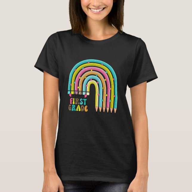 First Grade Teacher Kids Rainbow Leopard Back To S T-Shirt (Front)