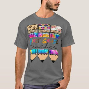 First Grade Teacher Leopard Tie Dye Pencil Back To T-Shirt