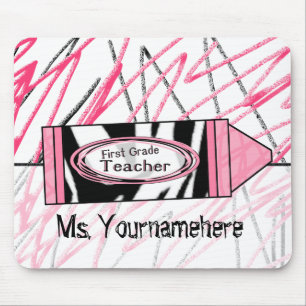 First Grade Teacher Mousepad - Zebra Print Crayon