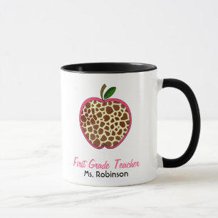 First Grade Teacher Mug - Giraffe Print Apple