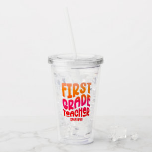 First Grade Teacher Orange Red Ombre Acrylic Tumbler