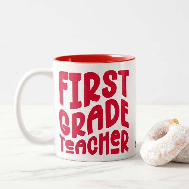 First Grade Teacher Red Text  Two-Tone Coffee Mug (With Donut)