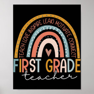 First Grade Teacher Teach Love Inspire Boho Rainbo Poster