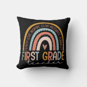First Grade Teacher Teach Love Inspire Boho Rainbo Throw Pillow