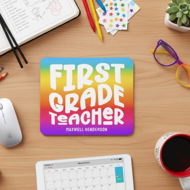 First Grade Teacher Typography Rainbow Ombre Mouse Pad (Creator Uploaded)