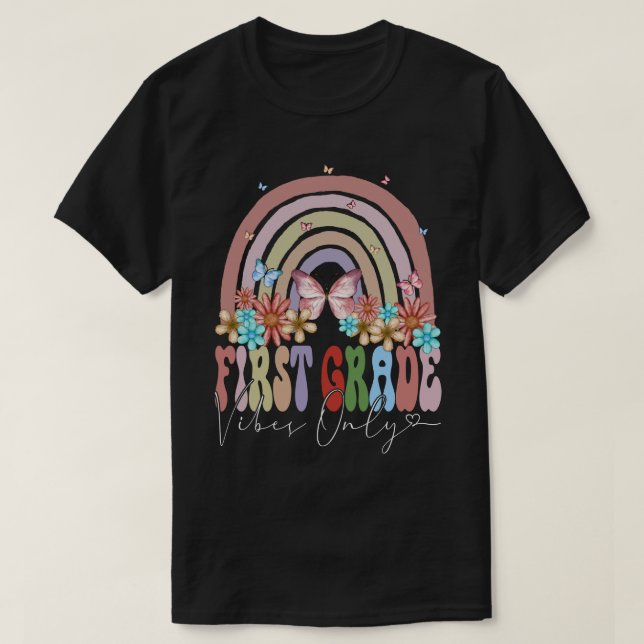 First Grade Vibes Only Back To School Rainbow Retr T-Shirt (Design Front)