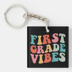 First Grade Vibes Retro Groovy Teacher Student Keychain