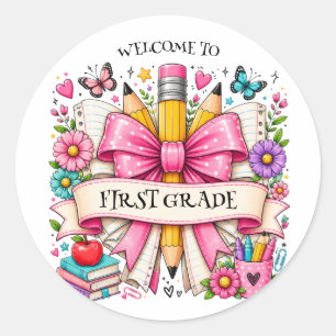 First Grade Welcome Retro Pencil Classic Round Sticker