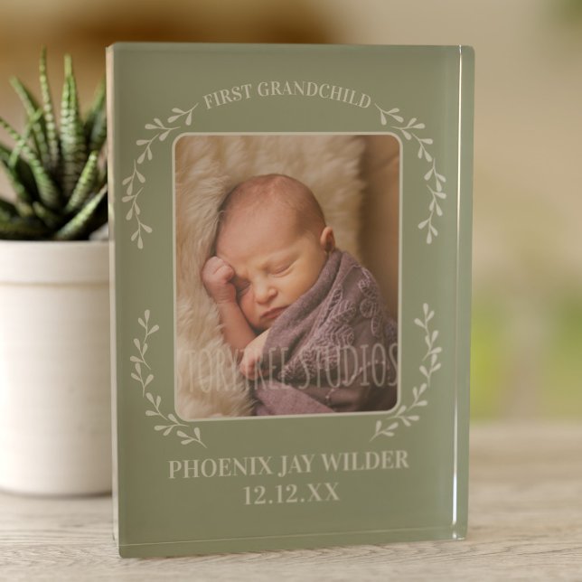 First Grandchild Baby Photo Grandparent Keepsake Block (Just upload a photo and add name/birthday to this lovely sage green photo keepsake)