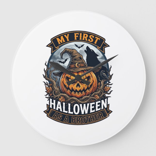 First Halloween As Brother Pumpkin Wolf Moon_1 Large Clock (Front)