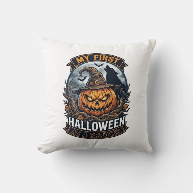First Halloween As Brother Pumpkin Wolf Moon_1 Throw Pillow (Front)