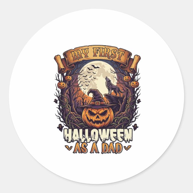 First Halloween As Dad Pumpkin Wolf Moon_1 Classic Round Sticker (Front)
