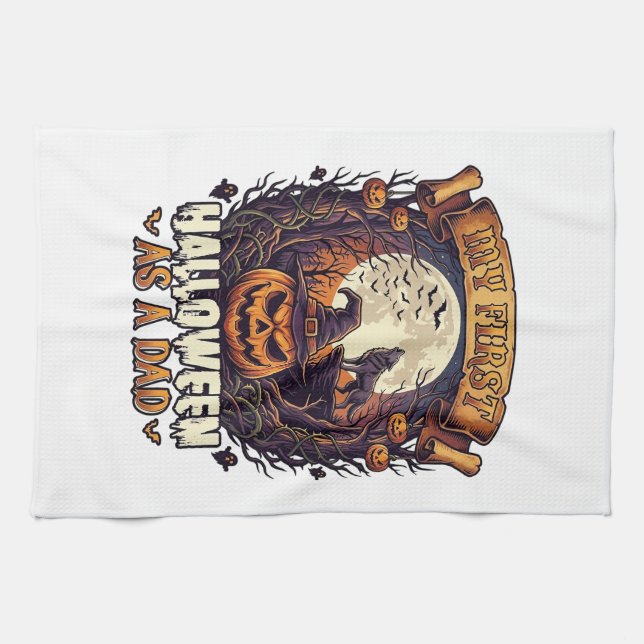 First Halloween As Dad Pumpkin Wolf Moon_1 Kitchen Towel (Horizontal)