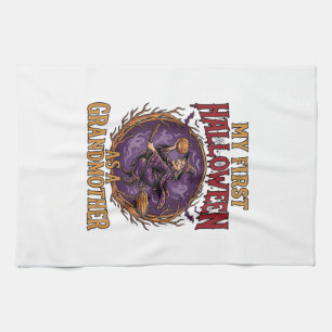 First Halloween As Grandmother Witch Pumpkin Bats_ Kitchen Towel