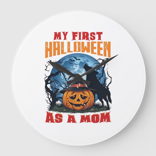First Halloween As Mom Pumpkin Wolf Moon_1 Large Clock (Front)