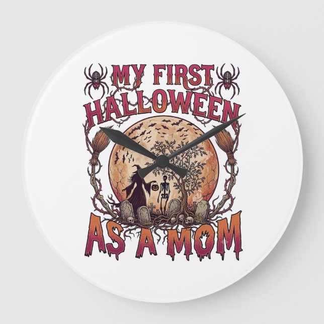First Halloween As Mom Witch Skeleton Moon_1 Large Clock (Front)