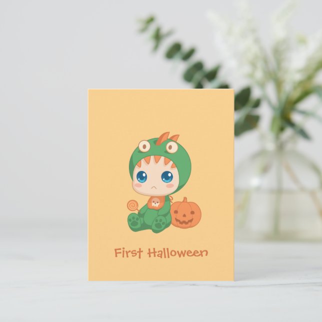 First Halloween Cute Baby Dragon Dinosaur Costume Postcard (Standing Front)