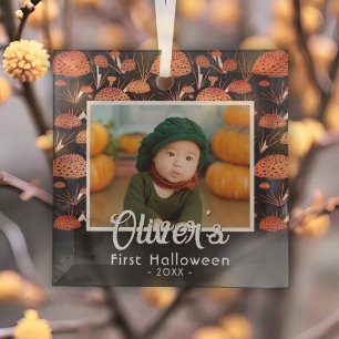 First Halloween Orange Mushroom Fall Photo Glass Ornament