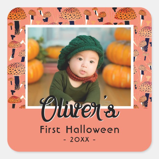 First Halloween Orange Mushroom Fall Photo Square Sticker (Front)