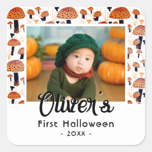 First Halloween Orange Mushroom Fall Photo Square Sticker