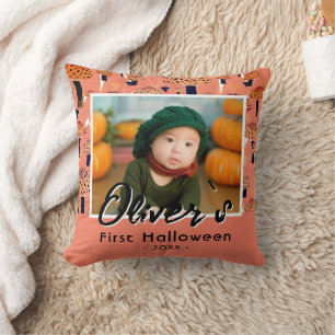First Halloween Orange Mushroom Fall Photo Throw Pillow