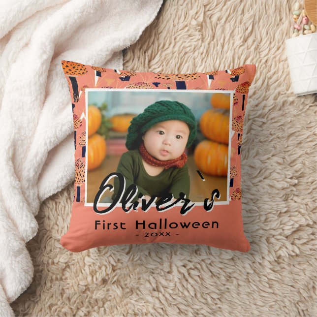 First Halloween Orange Mushroom Fall Photo  Throw Pillow (Blanket)