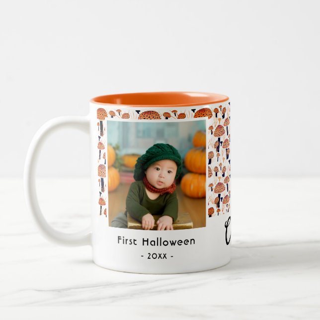 First Halloween Orange Mushroom Fall Photo  Two-Tone Coffee Mug (Left)