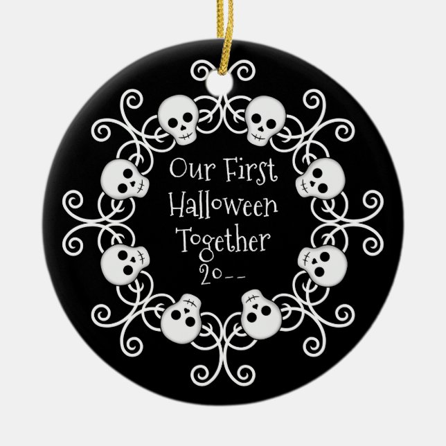 First Halloween together skull wreath Ceramic Ornament (Front)